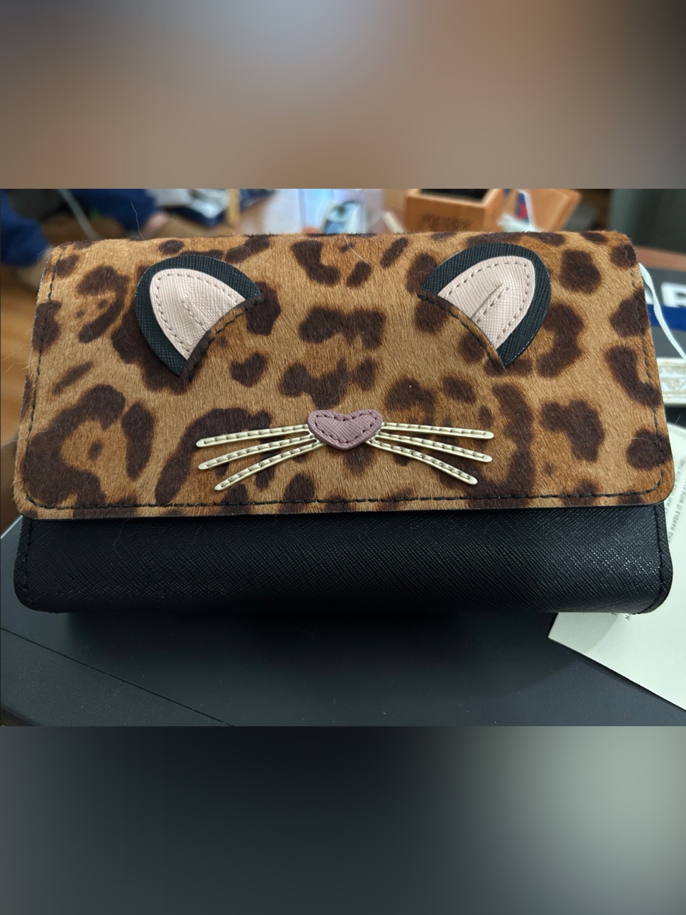 Kate Spade Leopard Print Cat Face crossbody handbag with Black Saffiano Accent